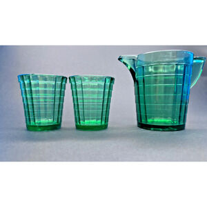 30/40s Akro Agate Green Uranium Glass? Stacked Disc Pitcher & 2 glasses Toy size